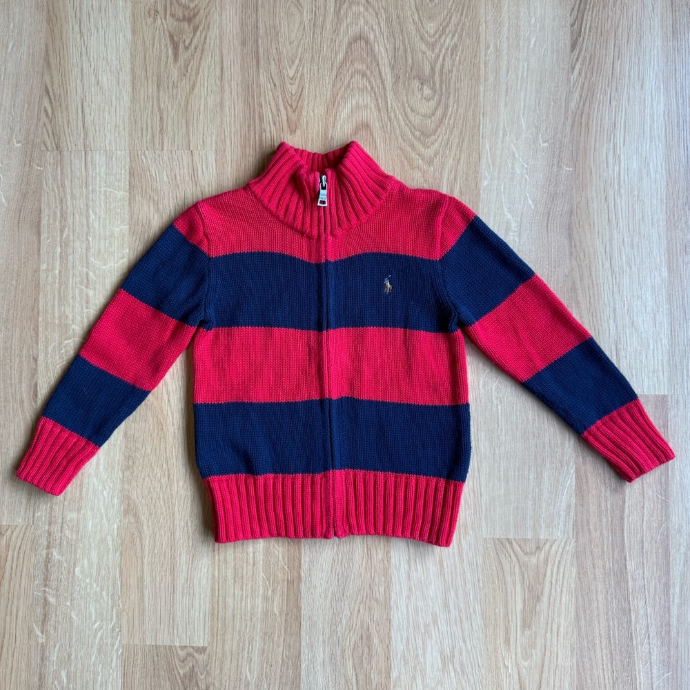 EUC Ralph Lauren Boy Full Zip Knit Sweater-Blue and Red Stripes